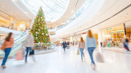 Spacious shopping mall with large decorated Christmas tree, people walking, and bright, airy atmosphere celebrating the festive season.