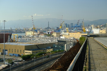 View of Genoa. Port of Genoa with the lantern.Port equipment and city skyline. Italy
