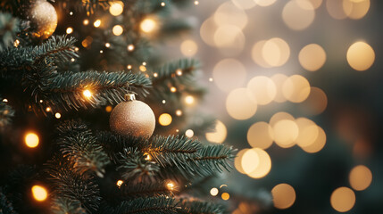 Obraz premium A close-up of a Christmas tree decorated with a golden ornament, twinkling lights, and soft bokeh background, evoking a warm and festive holiday spirit.