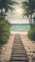 Obraz premium Walkway at sandy beach leading tropical sea with grass vertical