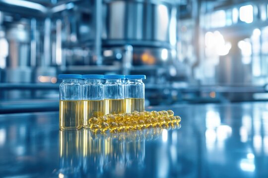 Bottles of yellow liquid and capsules arranged on a lab table in a modern manufacturing facility