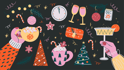 Naklejka premium Playful hand-drawn Christmas and New Year holiday illustration in flat style with modern bright colors. Elements such as hot cocoa, cocktails, candy canes, Christmas trees, gift boxes, holiday lights