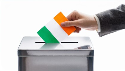 アイルランドの国旗の投票用紙を投票する手と投票箱。選挙。(Hand and ballot box voting a ballot paper with the Ireland flag on it. election.)
