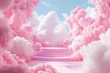 Fototapeta premium Valentine background vector pink 3d rendering with podium and white scene clouds, 3d clouds minimal background 3d rendering valentine love pink pastel podium. with generative ai