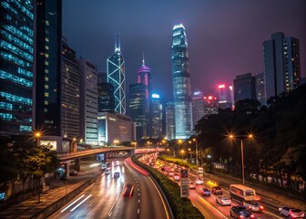 Obraz premium Night City Traffic in Hong Kong - Vibrant Urban Scene with Dynamic Lights and Skyscrapers