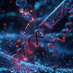 A digital illustration of a luminous DNA double helix structure in vibrant shades of blue and red.






