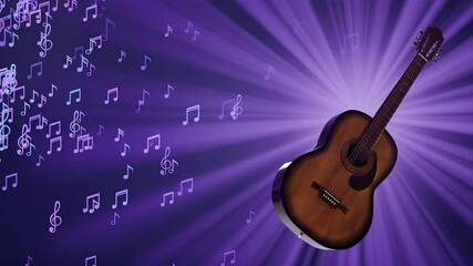 Repeating blue violet guitar vid background with empty copy space for lyrics or tabs with floating music notes and light rays. Looping video backdrop. For karaoke or radio talk show.
