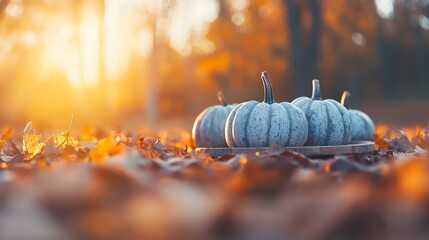 Three white pumpkins sit on a wooden board in a forest with fallen leaves and the setting sun in the background.
