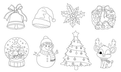 A festive collection of Christmas-themed line art illustrations, including a bell, Santa hat, holly, wreath, snow globe, snowman, Christmas tree, and a cute reindeer.
