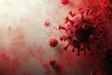 Illustration of red virus particles floating in a hazy background representing a pandemic scenario