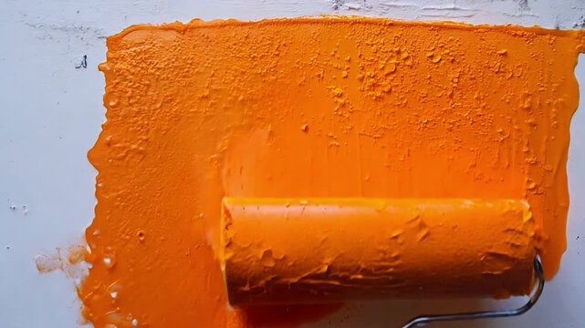 An orange paint roller is dripping paint onto a white wall in the middle of a home improvement task