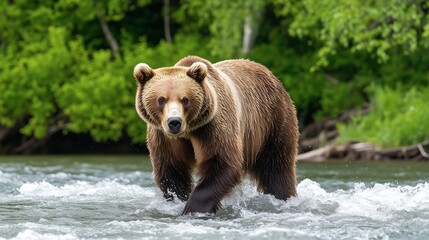 A brown bear is walking through a river. The bear is large and he is in a calm and peaceful mood