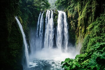 Obraz premium Misty tropical waterfall surrounded by lush foliage