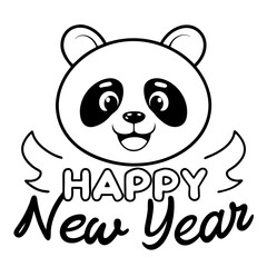 Cute Panda Happy New Year Line Drawing.