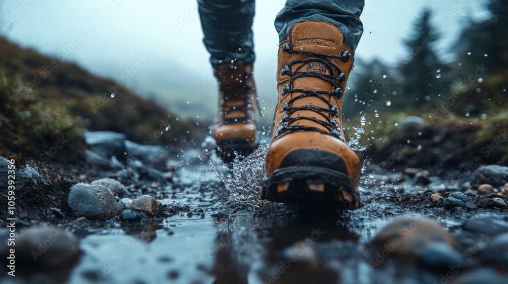 Poster A person walks through a muddy path, wearing waterproof boots that create splashes in puddles as they navigate the damp terrain.