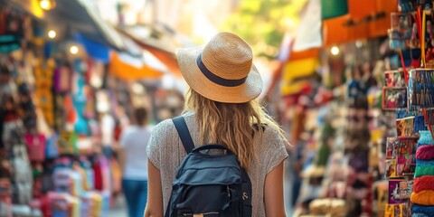 Naklejka premium Tourist exploring colorful market street