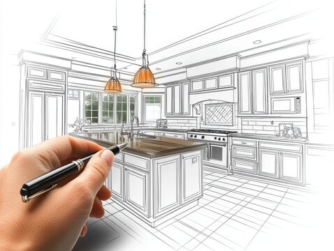 Hand-holding pen drawing of a modern kitchen interior design with an island and cabinets, highly detailed, on a white background