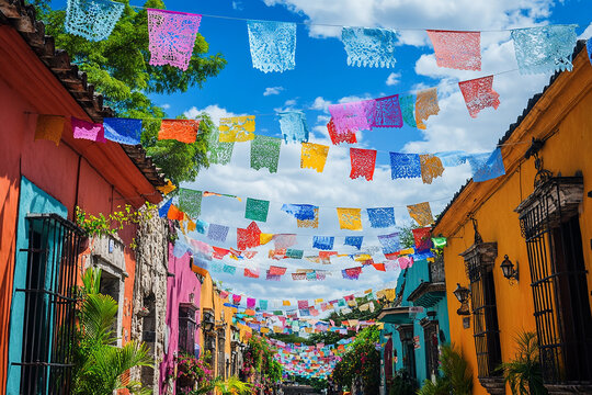 Colorful paper maracas and Mexican flags, along with garlands, hang in the sky above an old street in San Pancho, Mexico.its festive atmosposphere