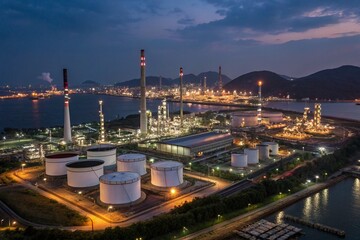 Night Photography of Oil and Petrol Refinery with Illuminated Structures and Smokestacks for Industrial Energy Sector