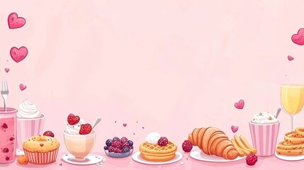 Valentine day brunch menu background with various breakfast and lunch dishes, waffle, croissant, muffins, donuts, berries, fries scrambled eggs, pancakes, with generative ai