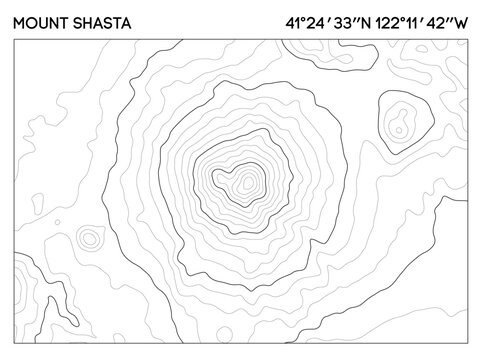 Detailed contour map of Mount Shasta with elevation lines and precise coordinates for geographical study. Topographic map vector.