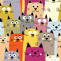 Seamless pattern with cute kitten print. Different scandy cats on color background. Scandinavian style illustration for kids. Vector illustration for fabric, textile, wallpaper, home clothing, pajama