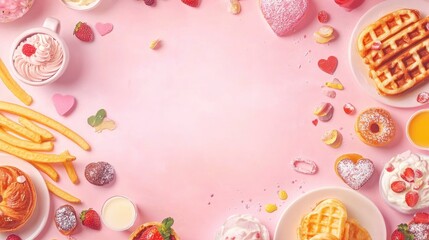 Valentine day brunch menu background with various breakfast and lunch dishes, waffle, croissant, muffins, donuts, berries, fries scrambled eggs, pancakes, with generative ai