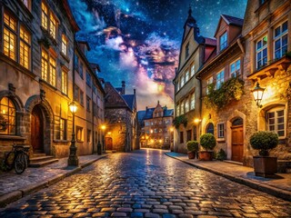 Fototapeta premium Nighttime Architectural Photography of an Ancient City with Illuminated Structures and Starry Sky