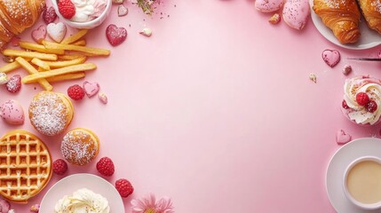Valentine day brunch menu background with various breakfast and lunch dishes, waffle, croissant, muffins, donuts, berries, fries scrambled eggs, pancakes, with generative ai