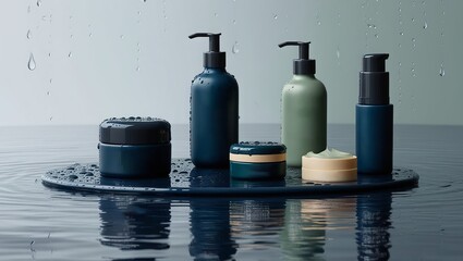 Design a minimalist 3D cosmetic mockup with rain theme