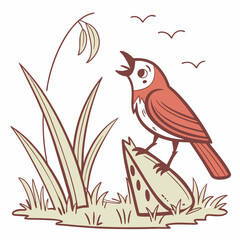 A cheerful red bird sings its heart out perched on a fallen leaf in a field of grass. This playful illustration is perfect for nature-themed projects or to add a touch of whimsy to your designs.
