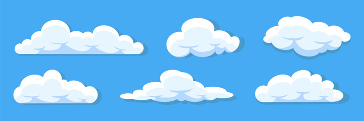 Cartoon clouds in flat design. Fluffy  white clouds in blue sky. Cloud day heaven.