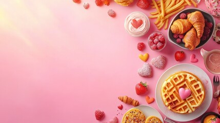 Valentine day brunch menu background with various breakfast and lunch dishes, waffle, croissant, muffins, donuts, berries, fries scrambled eggs, pancakes, with generative ai