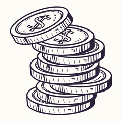 Hand-drawn illustration of a stack of US dollar coins, perfect for projects related to finance, business, or money. The image is drawn in a simple and engaging style.