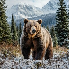 Obraz premium A large brown bear stands in a snowy field. The bear is looking directly at the camera, and the scene is peaceful and serene