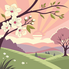 A picturesque landscape with a blooming cherry tree, a sunlit valley and vibrant colors, perfect for creating a serene and idyllic atmosphere in your designs.