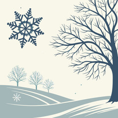 A minimalist winter landscape with a single bare tree standing tall against a backdrop of rolling hills and falling snowflakes.
