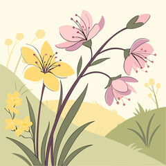 A delicate illustration of pink and yellow flowers blooming in a green meadow. The simple yet elegant design evokes a sense of springtime and natural beauty, perfect for greeting cards, invitations.