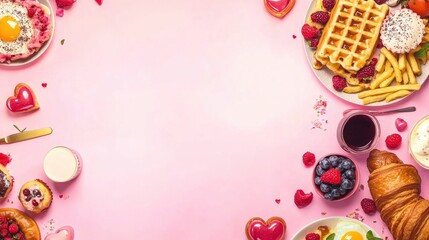 Valentine day brunch menu background with various breakfast and lunch dishes, waffle, croissant, muffins, donuts, berries, fries scrambled eggs, pancakes, with generative ai