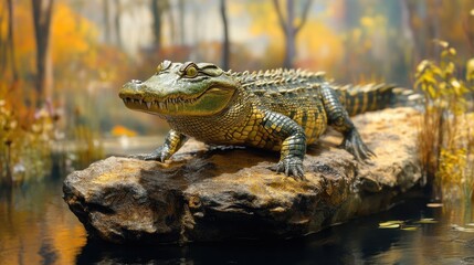 A crocodile basking on a sunlit rock amidst scenic autumn foliage near a tranquil waterway