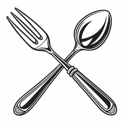 A classic illustration of a fork and spoon crossed, perfect for menu designs, restaurant branding, or any project needing a touch of vintage elegance.