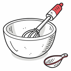 A hand-drawn illustration of a mixing bowl, whisk, and measuring spoon. Perfect for adding a touch of whimsy to your kitchen-themed designs.