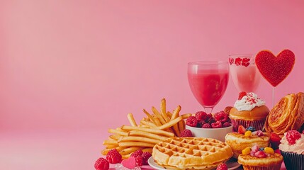 Valentine day brunch menu background with various breakfast and lunch dishes, waffle, croissant, muffins, donuts, berries, fries scrambled eggs, pancakes, with generative ai