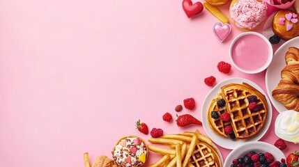 Valentine day brunch menu background with various breakfast and lunch dishes, waffle, croissant, muffins, donuts, berries, fries scrambled eggs, pancakes, with generative ai