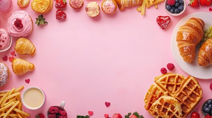 Valentine day brunch menu background with various breakfast and lunch dishes, waffle, croissant, muffins, donuts, berries, fries scrambled eggs, pancakes, with generative ai