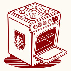 A simple illustration of a classic stove with a four-burner cooktop and an open oven door. Perfect for adding a touch of kitchen charm to your designs, websites, or presentations.