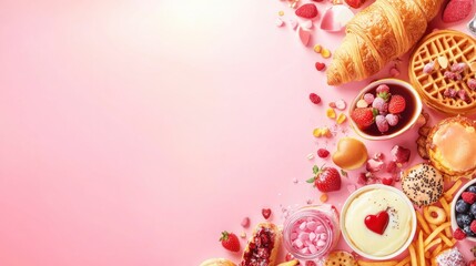 Valentine day brunch menu background with various breakfast and lunch dishes, waffle, croissant, muffins, donuts, berries, fries scrambled eggs, pancakes, with generative ai