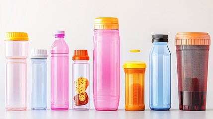 A row of various plastic bottles, water bottles, and containers on a white background. Generative ai