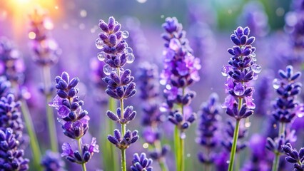 A cluster of lavender flowers with droplets of water glistening on their petals in a field setting, landscape, petals