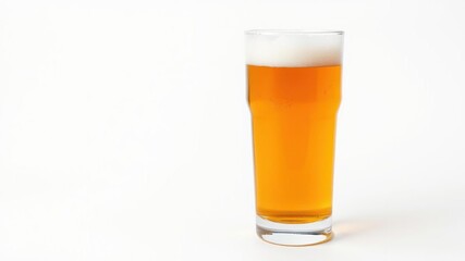 A cold, frothy glass of beer on a clean white background, refresh, alcohol, golden